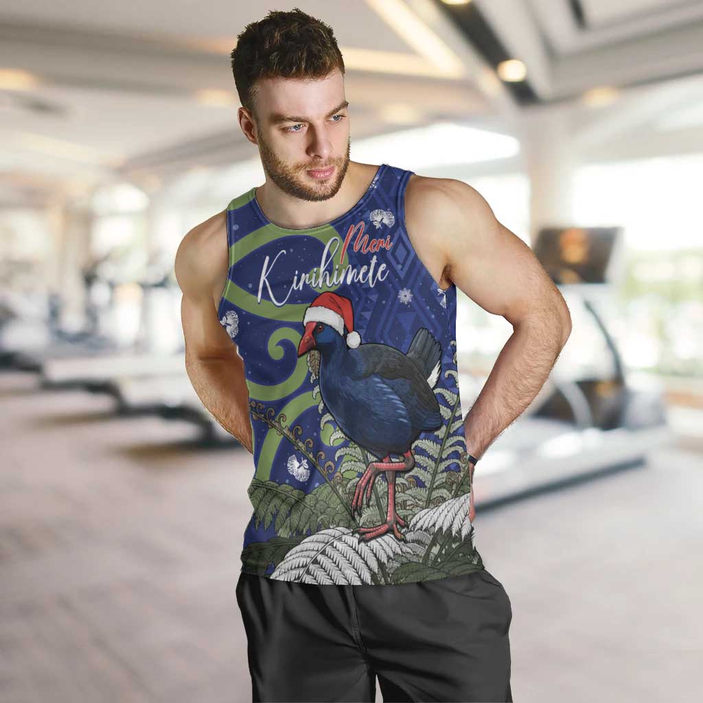 Personalized New Zealand Pukeko Christmas Men Tank Top Meri Kirihimete Taniko Ponga Koru Blue - Polynesian Pride