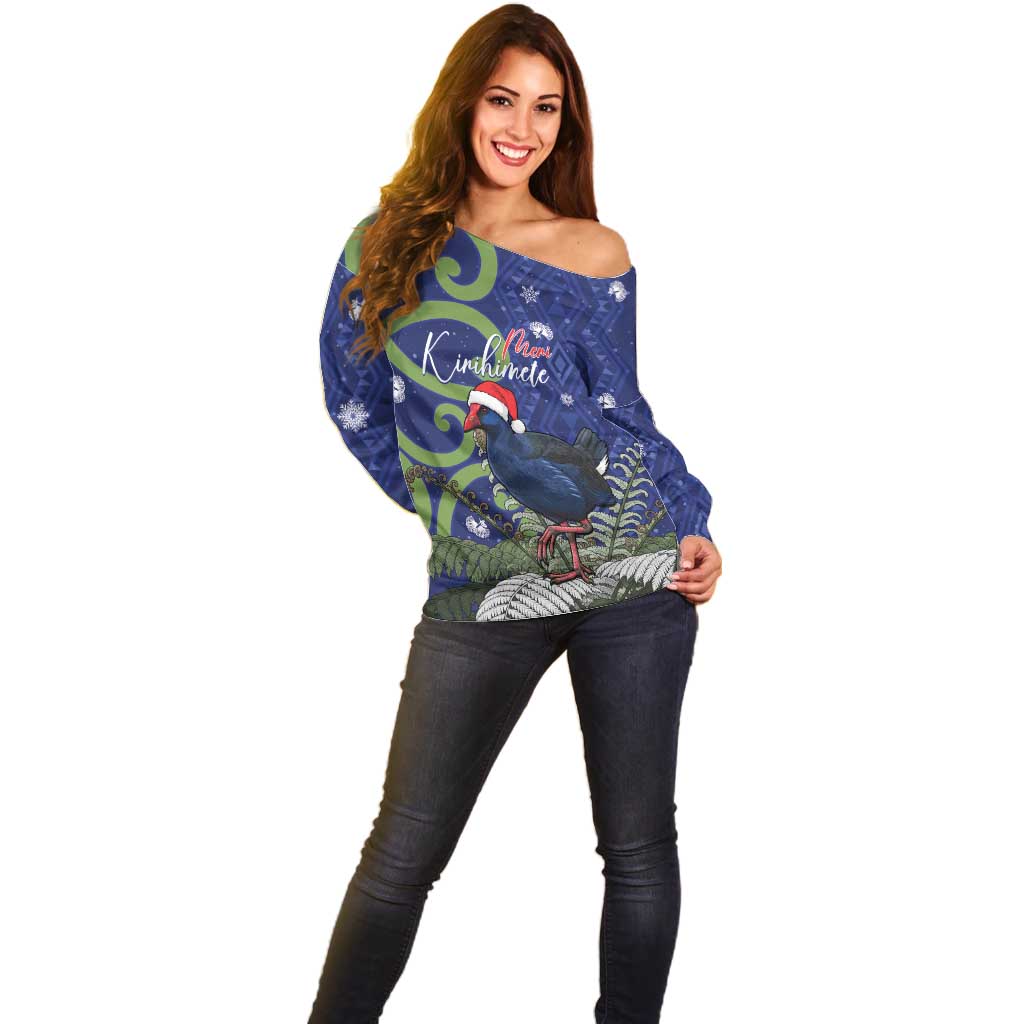 Personalized New Zealand Pukeko Christmas Off Shoulder Sweater Meri Kirihimete Taniko Ponga Koru Blue - Polynesian Pride