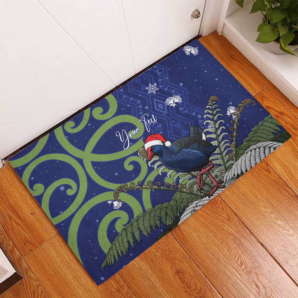 Personalized New Zealand Pukeko Christmas Rubber Doormat Meri Kirihimete Taniko Ponga Koru Blue - Polynesian Pride