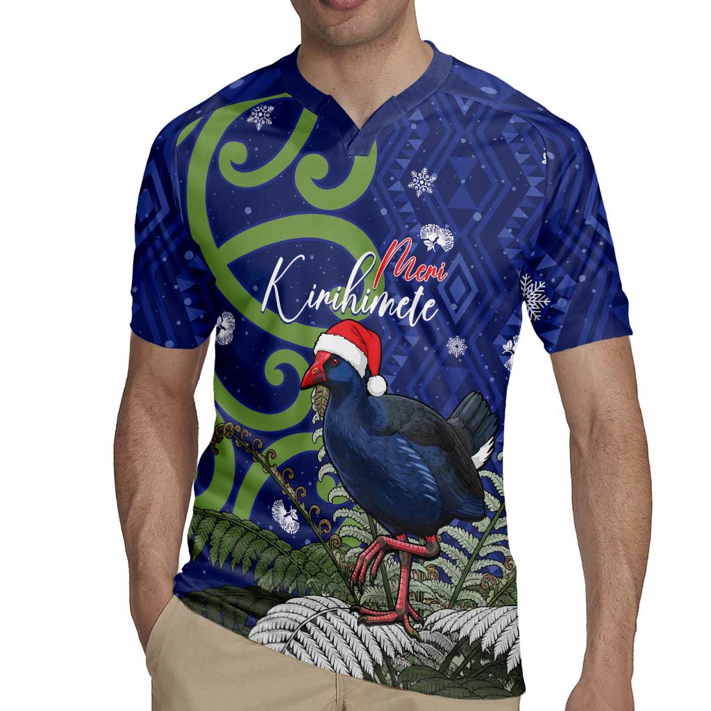 Personalized New Zealand Pukeko Christmas Rugby Jersey Meri Kirihimete Taniko Ponga Koru Blue - Polynesian Pride