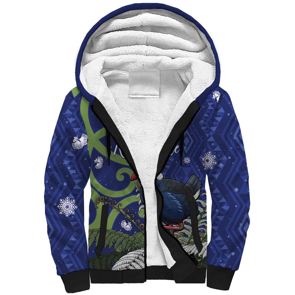 Personalized New Zealand Pukeko Christmas Sherpa Hoodie Meri Kirihimete Taniko Ponga Koru Blue - Polynesian Pride