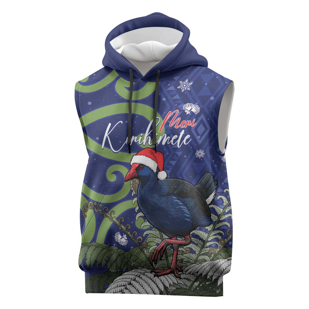 Personalized New Zealand Pukeko Christmas Sleeveless Hoodie Meri Kirihimete Taniko Ponga Koru Blue - Polynesian Pride