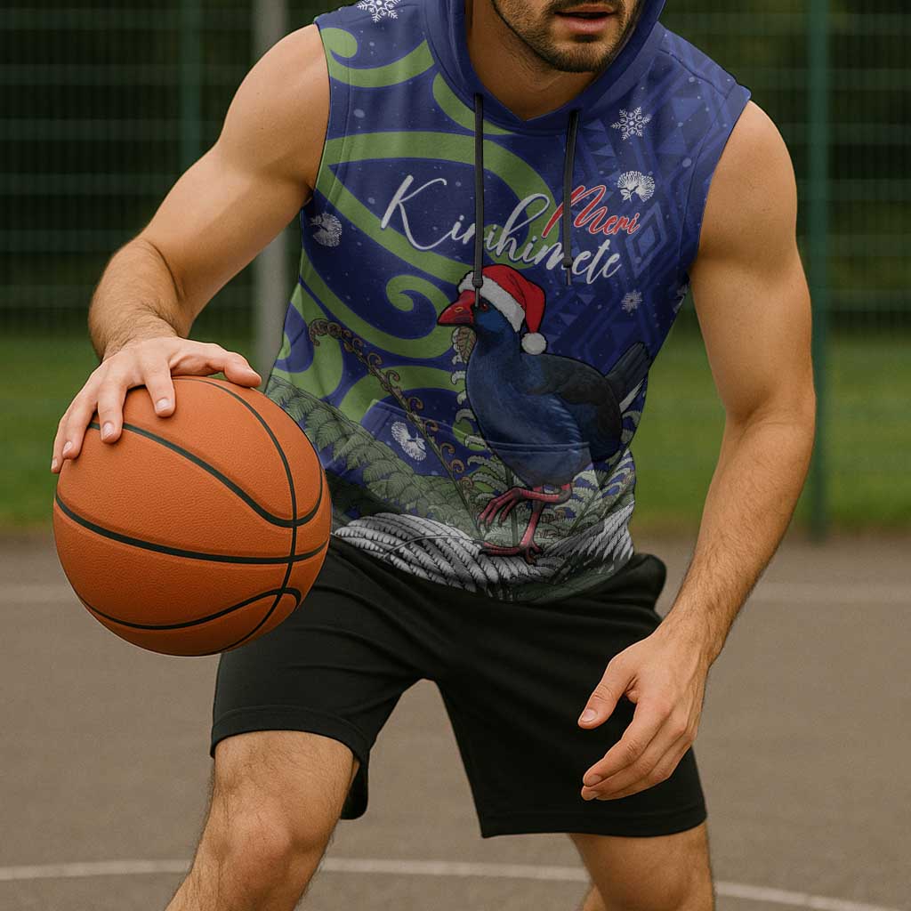 Personalized New Zealand Pukeko Christmas Sleeveless Hoodie Meri Kirihimete Taniko Ponga Koru Blue - Polynesian Pride