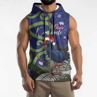 Personalized New Zealand Pukeko Christmas Sleeveless Zip Hoodie Meri Kirihimete Taniko Ponga Koru Blue - Polynesian Pride