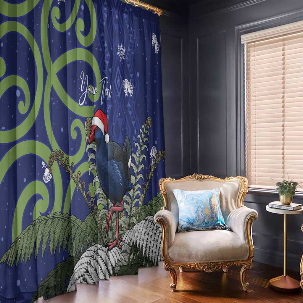Personalized New Zealand Pukeko Christmas Window Curtain Meri Kirihimete Taniko Ponga Koru Blue - Polynesian Pride