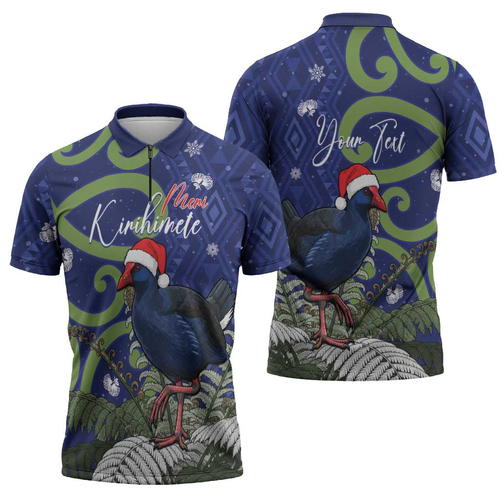 Personalized New Zealand Pukeko Christmas Zipper Polo Shirt Meri Kirihimete Taniko Ponga Koru Blue - Polynesian Pride