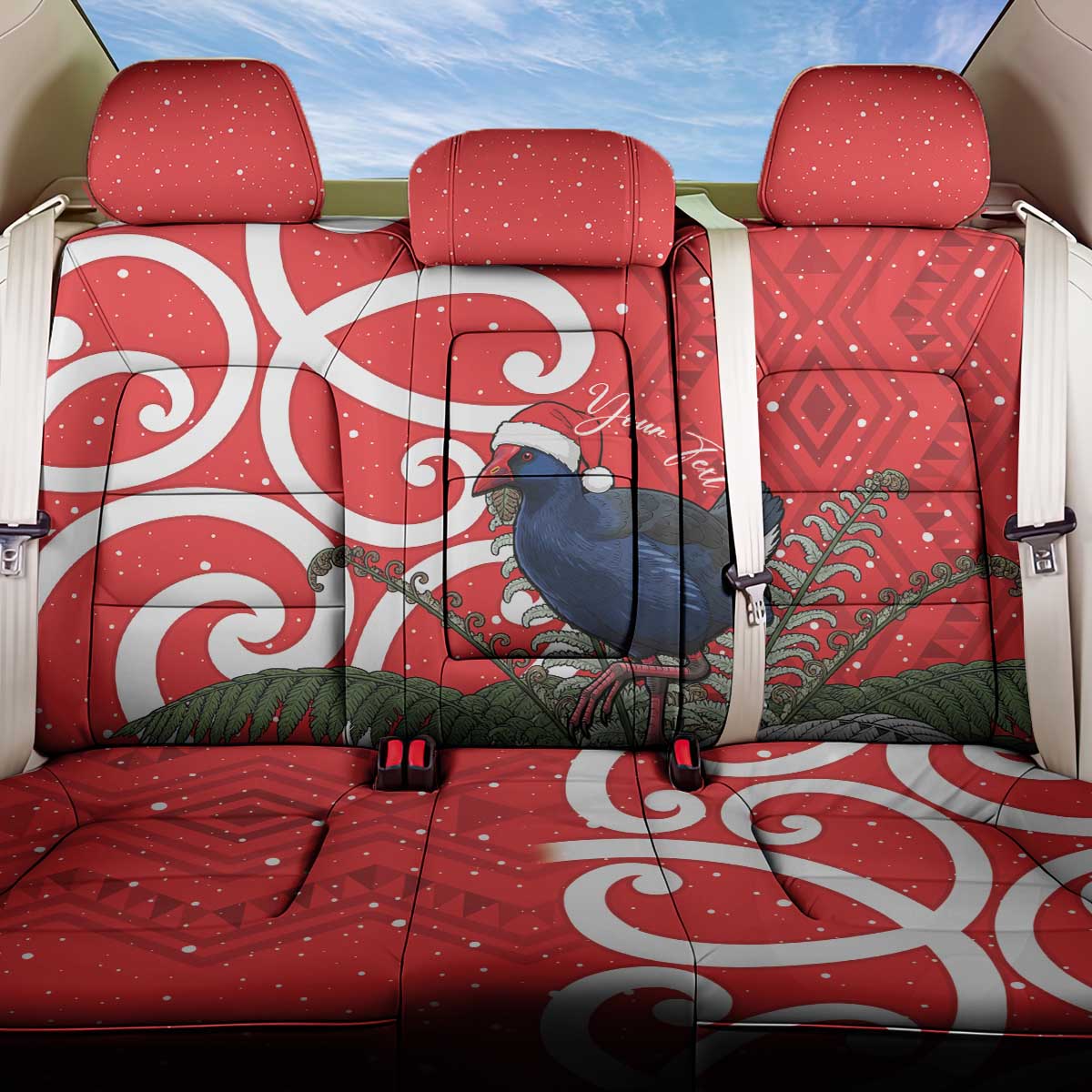 Personalized New Zealand Pukeko Christmas Back Car Seat Cover Meri Kirihimete Taniko Ponga Koru Red - Polynesian Pride