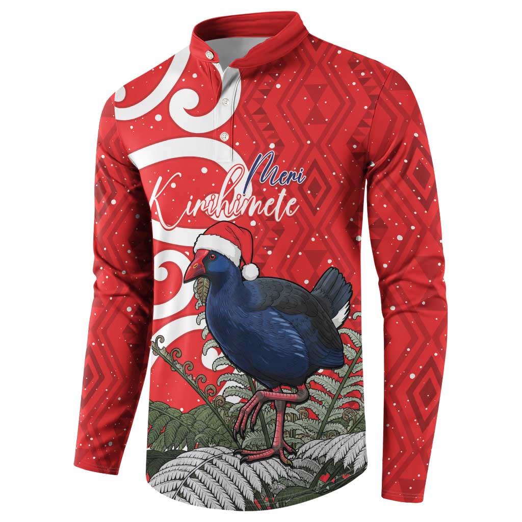 Personalized New Zealand Pukeko Christmas Button Sweatshirt Meri Kirihimete Taniko Ponga Koru Red - Polynesian Pride