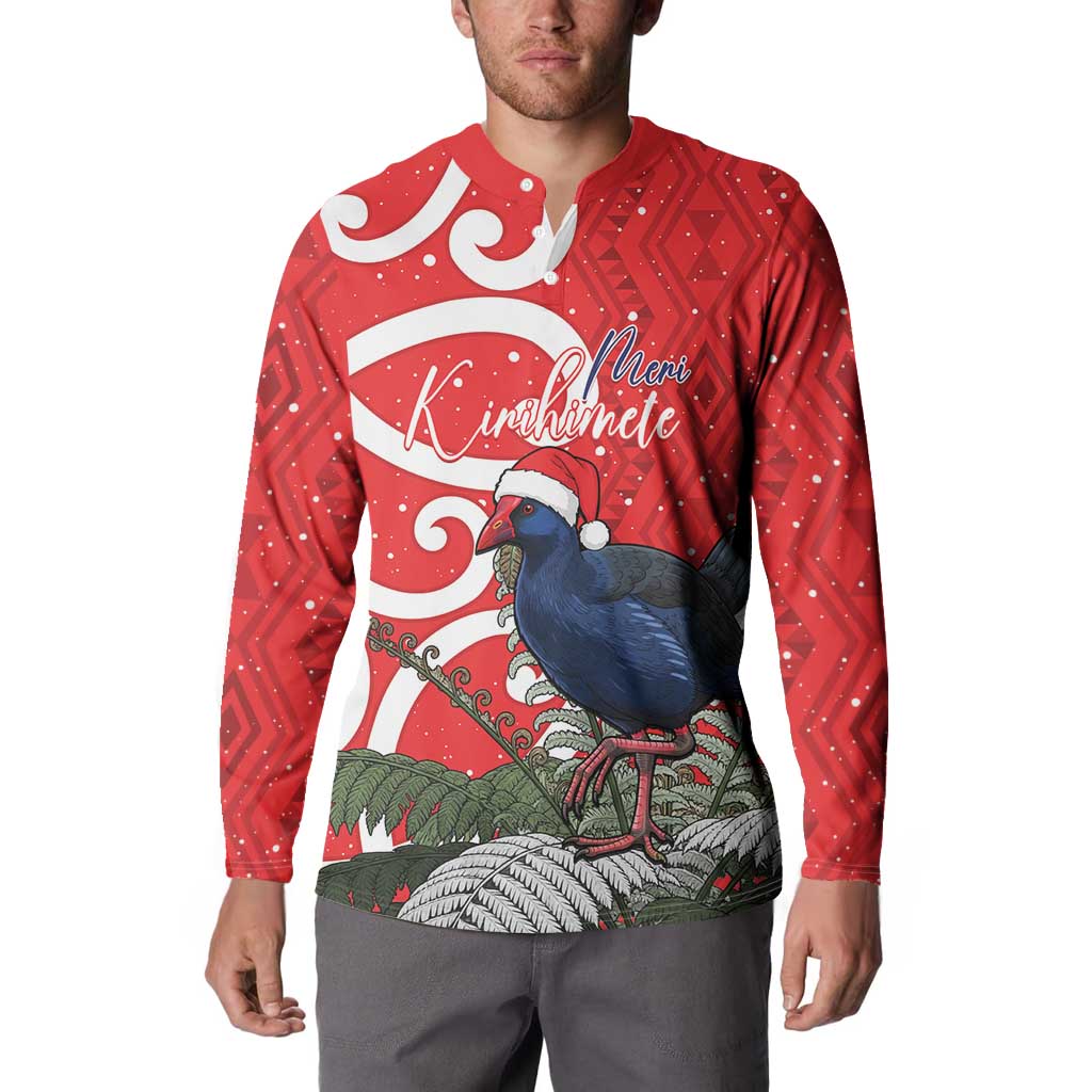 Personalized New Zealand Pukeko Christmas Button Sweatshirt Meri Kirihimete Taniko Ponga Koru Red - Polynesian Pride
