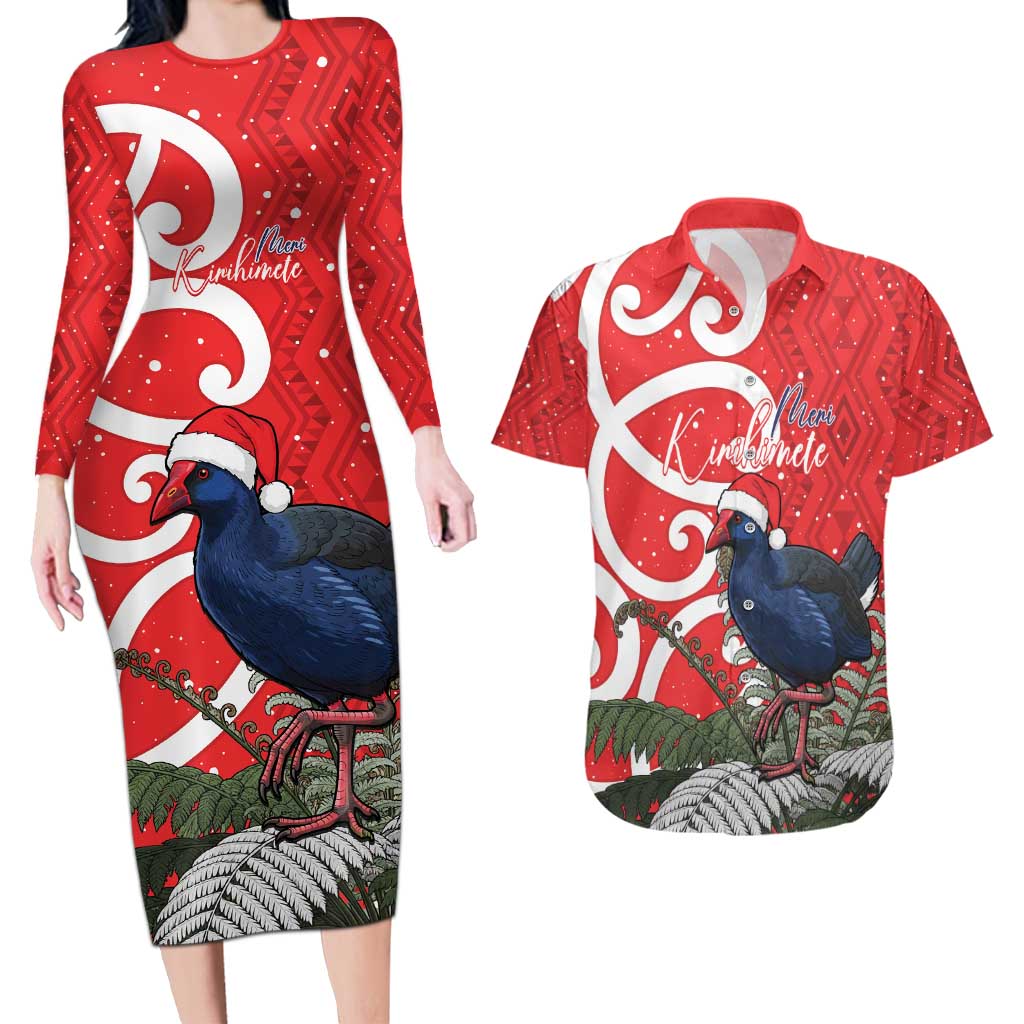 Personalized New Zealand Pukeko Christmas Couples Matching Long Sleeve Bodycon Dress and Hawaiian Shirt Meri Kirihimete Taniko Ponga Koru Red - Polynesian Pride