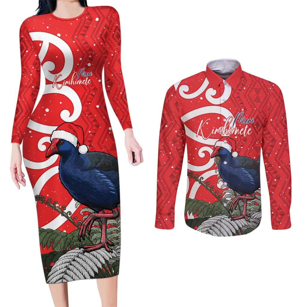 Personalized New Zealand Pukeko Christmas Couples Matching Long Sleeve Bodycon Dress and Long Sleeve Button Shirt Meri Kirihimete Taniko Ponga Koru Red - Polynesian Pride
