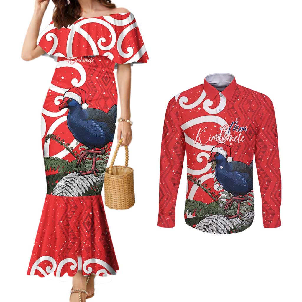 Personalized New Zealand Pukeko Christmas Couples Matching Mermaid Dress and Long Sleeve Button Shirt Meri Kirihimete Taniko Ponga Koru Red - Polynesian Pride
