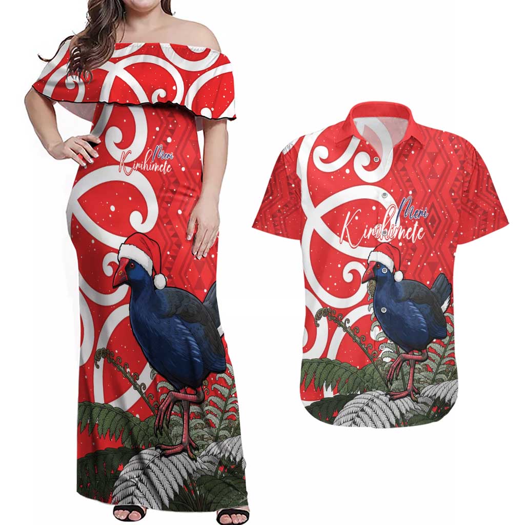 Personalized New Zealand Pukeko Christmas Couples Matching Off Shoulder Maxi Dress and Hawaiian Shirt Meri Kirihimete Taniko Ponga Koru Red - Polynesian Pride