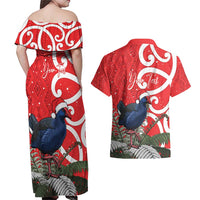 Personalized New Zealand Pukeko Christmas Couples Matching Off Shoulder Maxi Dress and Hawaiian Shirt Meri Kirihimete Taniko Ponga Koru Red - Polynesian Pride