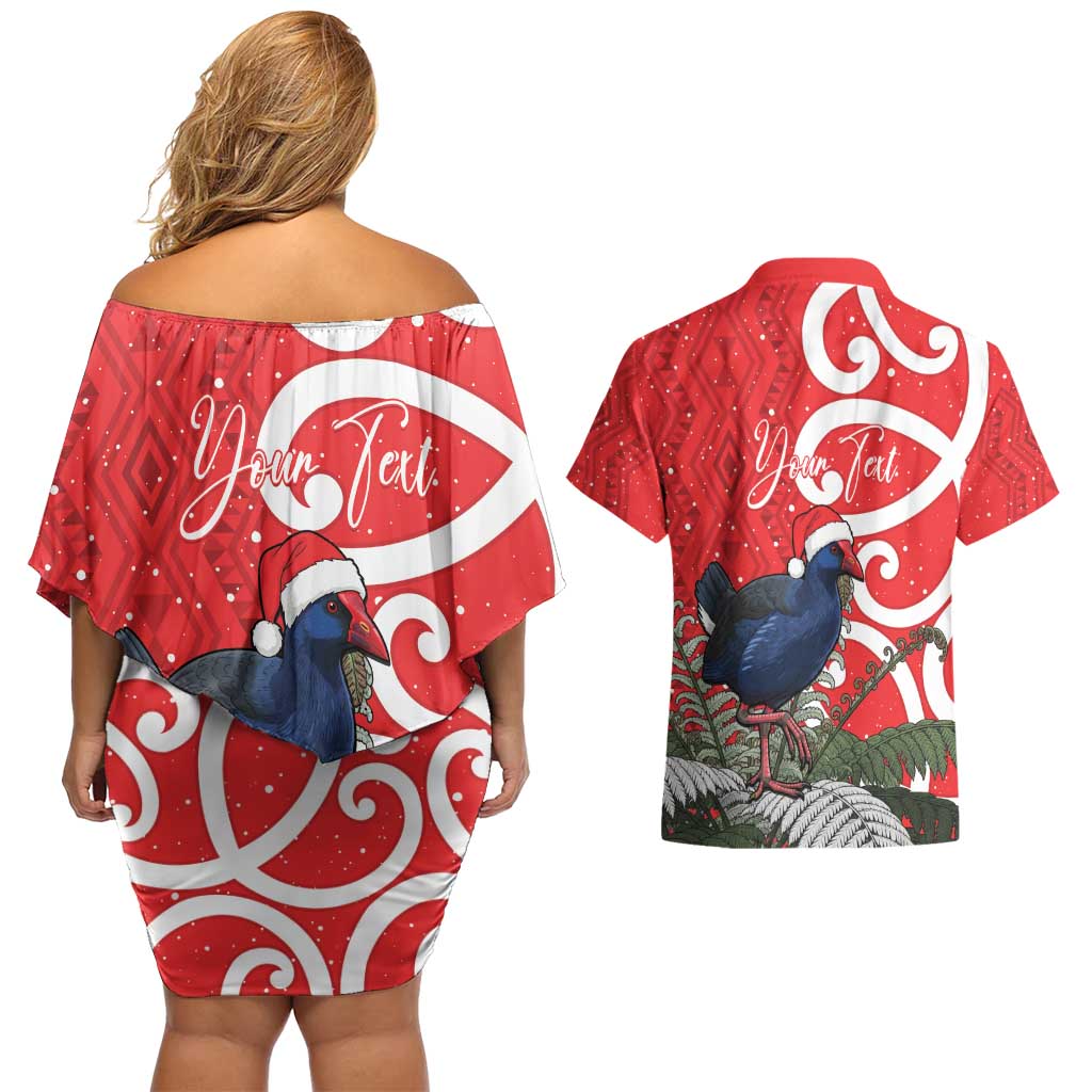 Personalized New Zealand Pukeko Christmas Couples Matching Off Shoulder Short Dress and Hawaiian Shirt Meri Kirihimete Taniko Ponga Koru Red - Polynesian Pride
