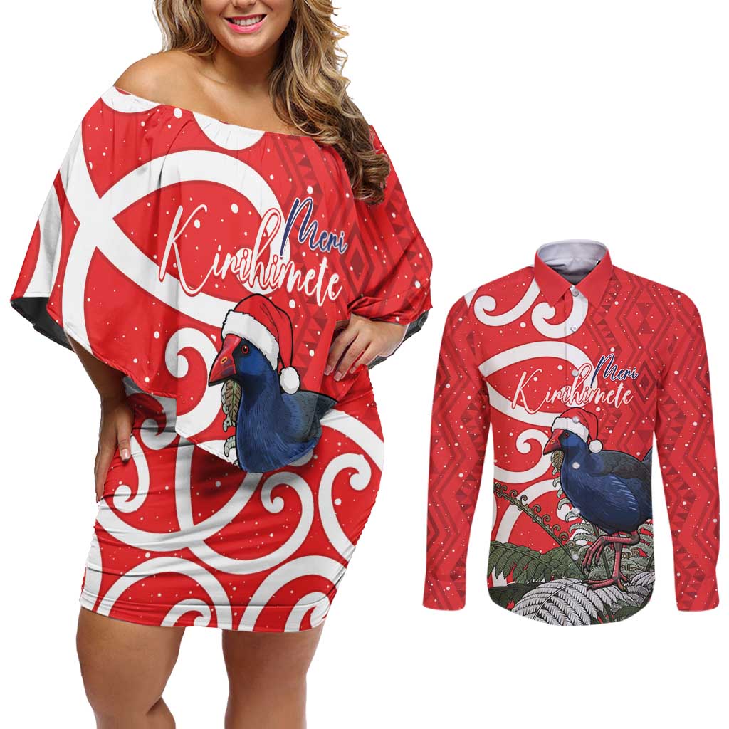 Personalized New Zealand Pukeko Christmas Couples Matching Off Shoulder Short Dress and Long Sleeve Button Shirt Meri Kirihimete Taniko Ponga Koru Red - Polynesian Pride