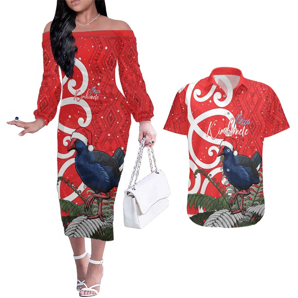 Personalized New Zealand Pukeko Christmas Couples Matching Off The Shoulder Long Sleeve Dress and Hawaiian Shirt Meri Kirihimete Taniko Ponga Koru Red - Polynesian Pride