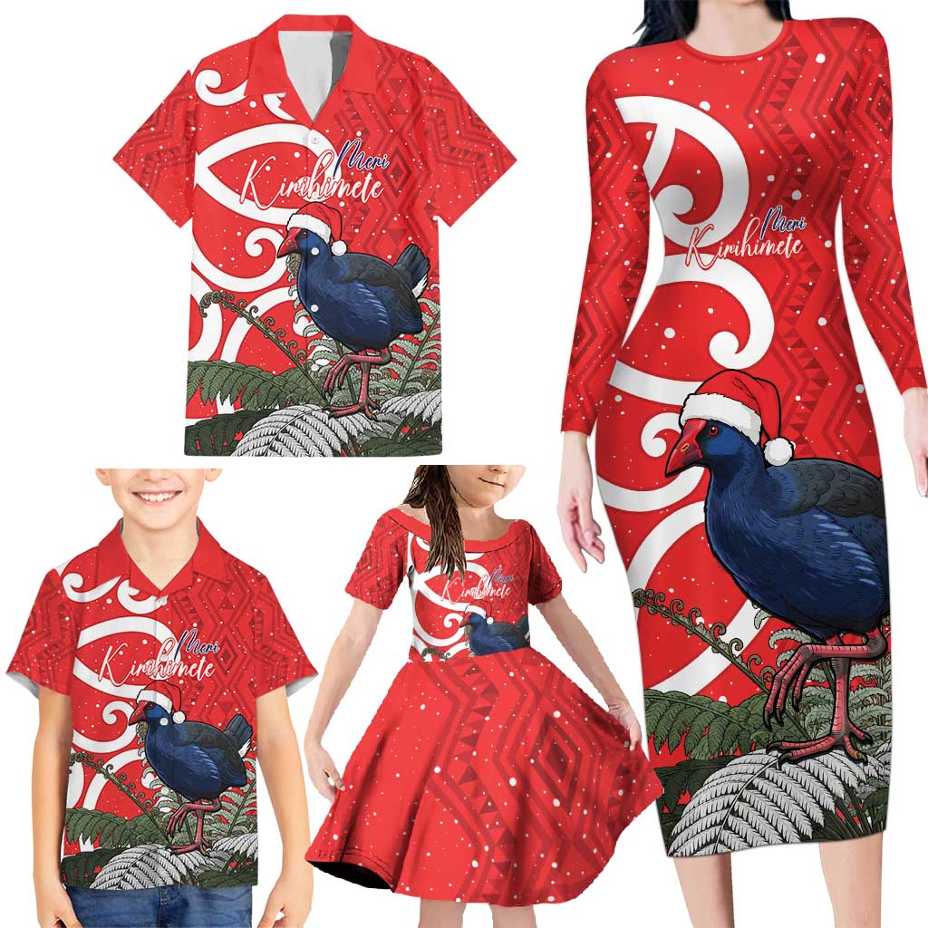 Personalized New Zealand Pukeko Christmas Family Matching Long Sleeve Bodycon Dress and Hawaiian Shirt Meri Kirihimete Taniko Ponga Koru Red LT14 - Polynesian Pride