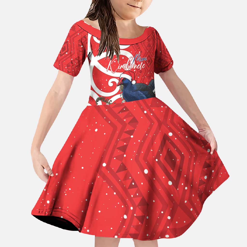 Personalized New Zealand Pukeko Christmas Family Matching Mermaid Dress and Hawaiian Shirt Meri Kirihimete Taniko Ponga Koru Red LT14 Daughter's Dress Red - Polynesian Pride