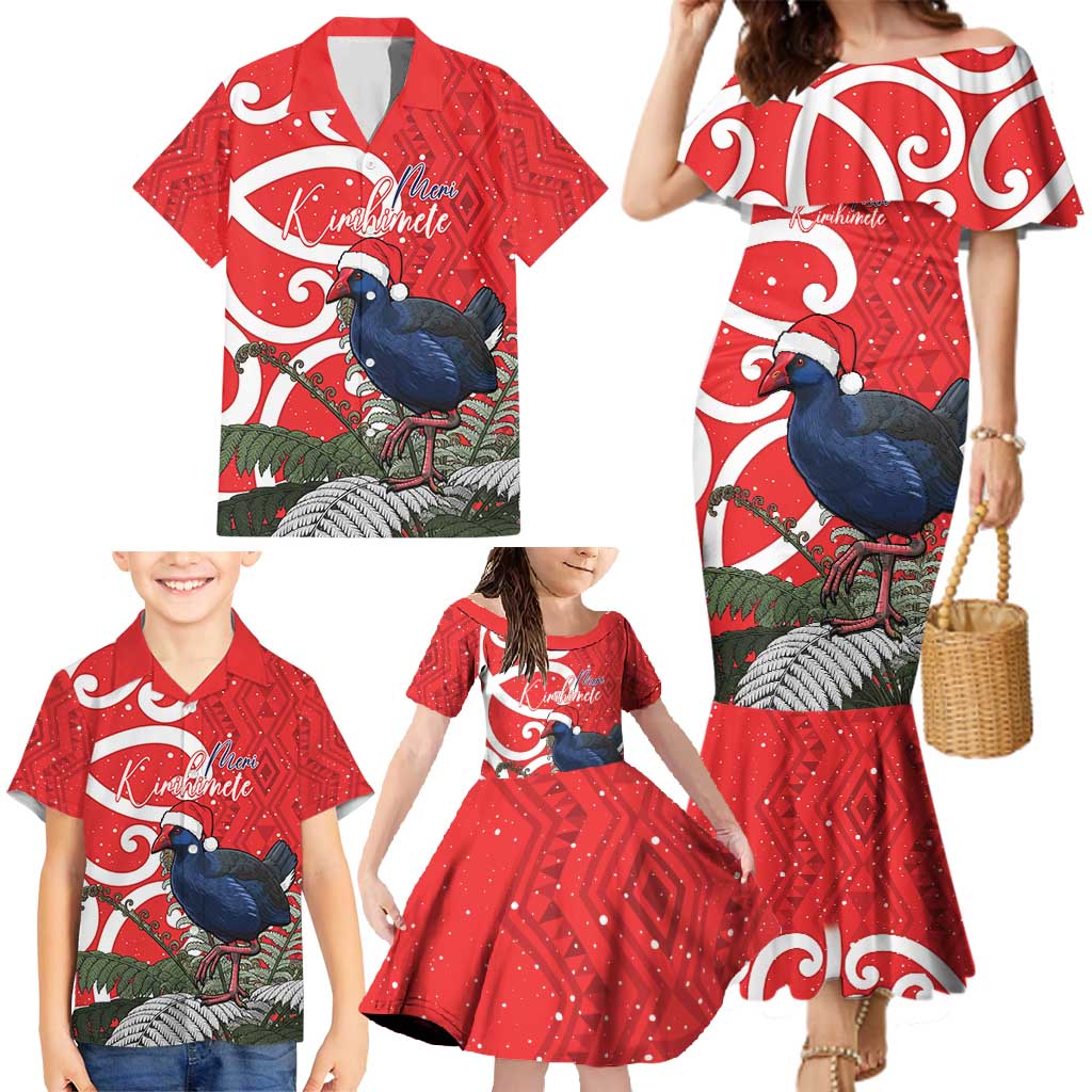 Personalized New Zealand Pukeko Christmas Family Matching Mermaid Dress and Hawaiian Shirt Meri Kirihimete Taniko Ponga Koru Red LT14 - Polynesian Pride