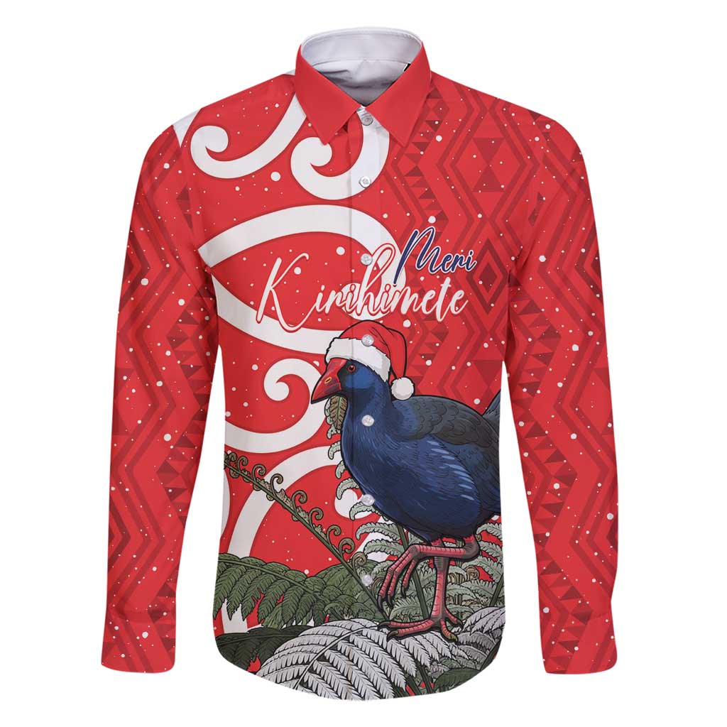 Personalized New Zealand Pukeko Christmas Family Matching Mermaid Dress and Hawaiian Shirt Meri Kirihimete Taniko Ponga Koru Red LT14 Dad's Shirt - Long Sleeve Red - Polynesian Pride