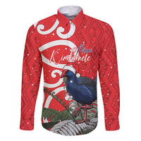 Personalized New Zealand Pukeko Christmas Family Matching Mermaid Dress and Hawaiian Shirt Meri Kirihimete Taniko Ponga Koru Red LT14 Dad's Shirt - Long Sleeve Red - Polynesian Pride