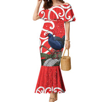 Personalized New Zealand Pukeko Christmas Family Matching Mermaid Dress and Hawaiian Shirt Meri Kirihimete Taniko Ponga Koru Red LT14 Mom's Dress Red - Polynesian Pride