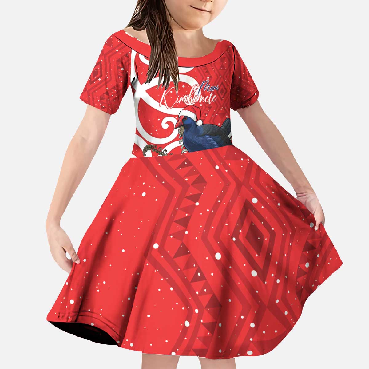 Personalized New Zealand Pukeko Christmas Family Matching Off The Shoulder Long Sleeve Dress and Hawaiian Shirt Meri Kirihimete Taniko Ponga Koru Red - Polynesian Pride