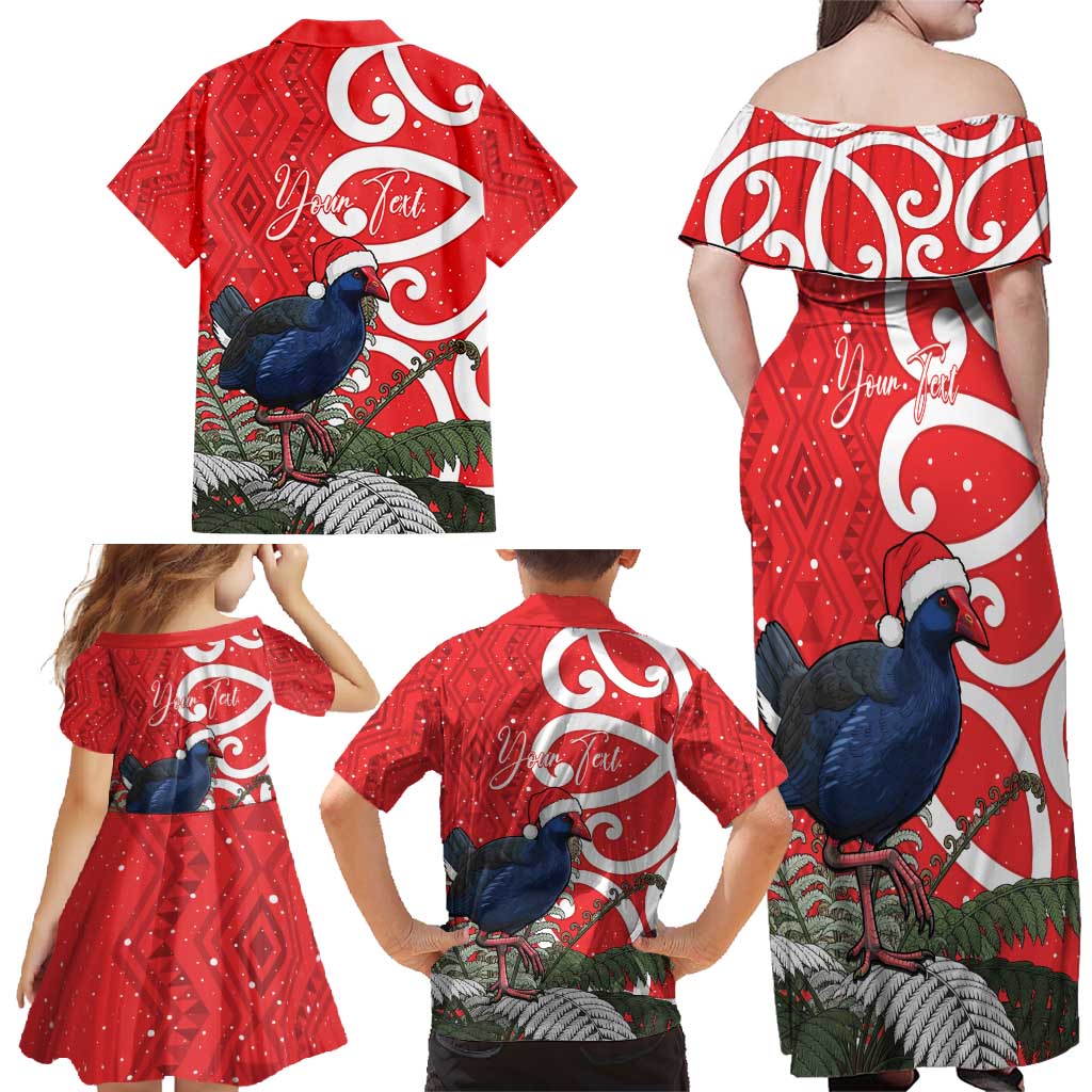 Personalized New Zealand Pukeko Christmas Family Matching Off Shoulder Maxi Dress and Hawaiian Shirt Meri Kirihimete Taniko Ponga Koru Red - Polynesian Pride