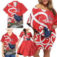Personalized New Zealand Pukeko Christmas Family Matching Off Shoulder Short Dress and Hawaiian Shirt Meri Kirihimete Taniko Ponga Koru Red - Polynesian Pride