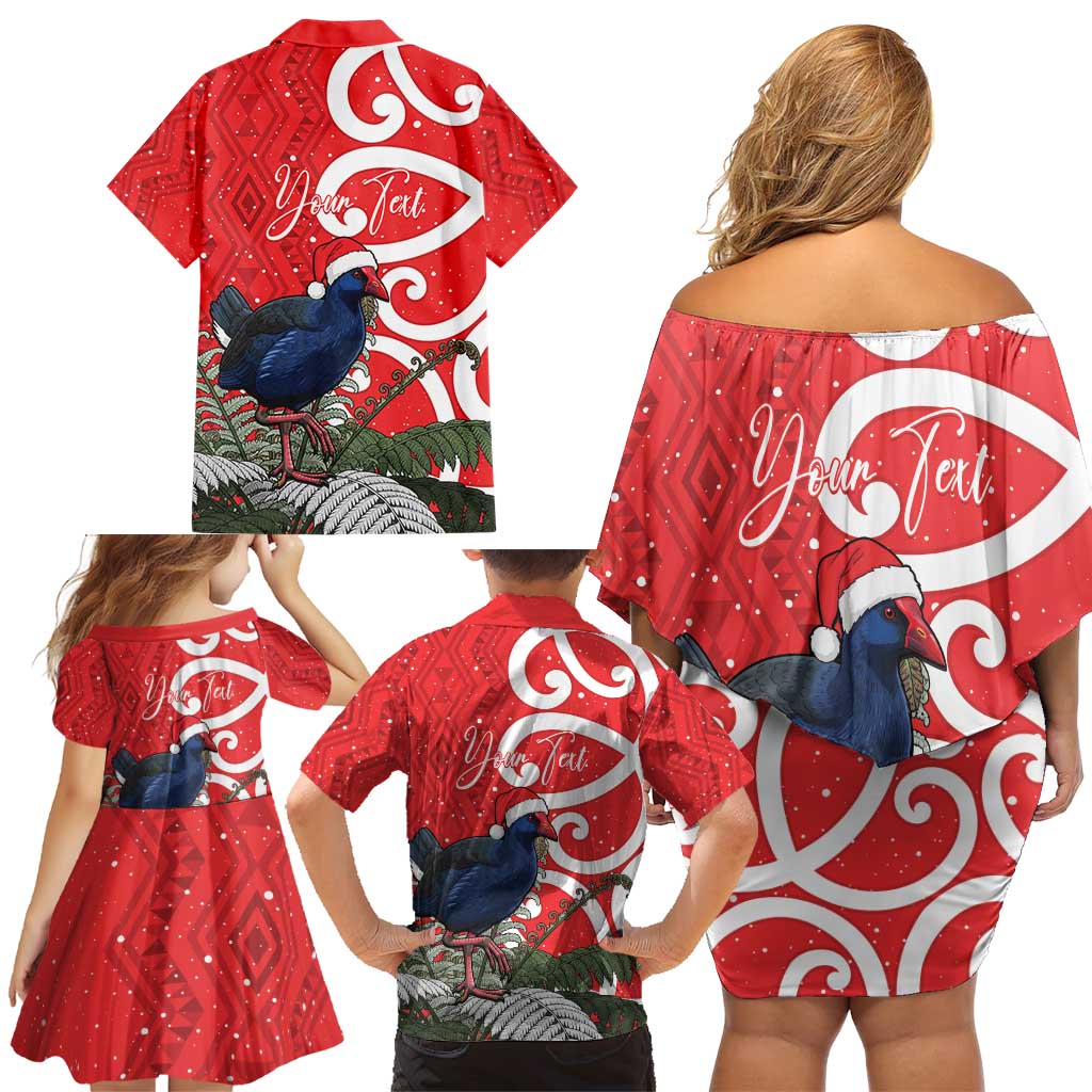 Personalized New Zealand Pukeko Christmas Family Matching Off Shoulder Short Dress and Hawaiian Shirt Meri Kirihimete Taniko Ponga Koru Red - Polynesian Pride