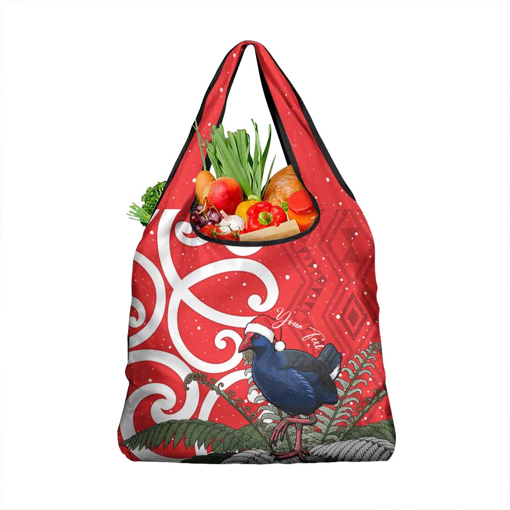 Personalized New Zealand Pukeko Christmas Grocery Bag Meri Kirihimete Taniko Ponga Koru Red - Polynesian Pride