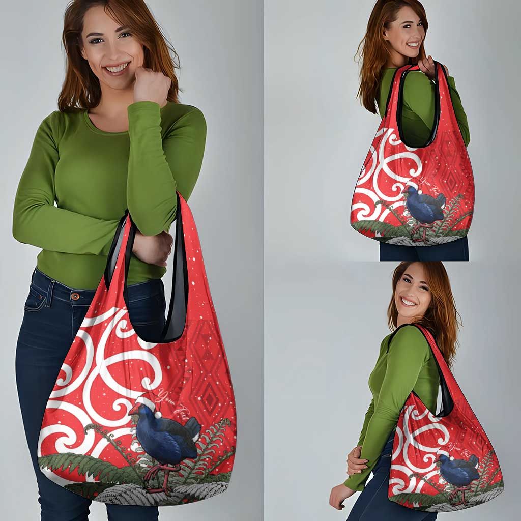 Personalized New Zealand Pukeko Christmas Grocery Bag Meri Kirihimete Taniko Ponga Koru Red - Polynesian Pride