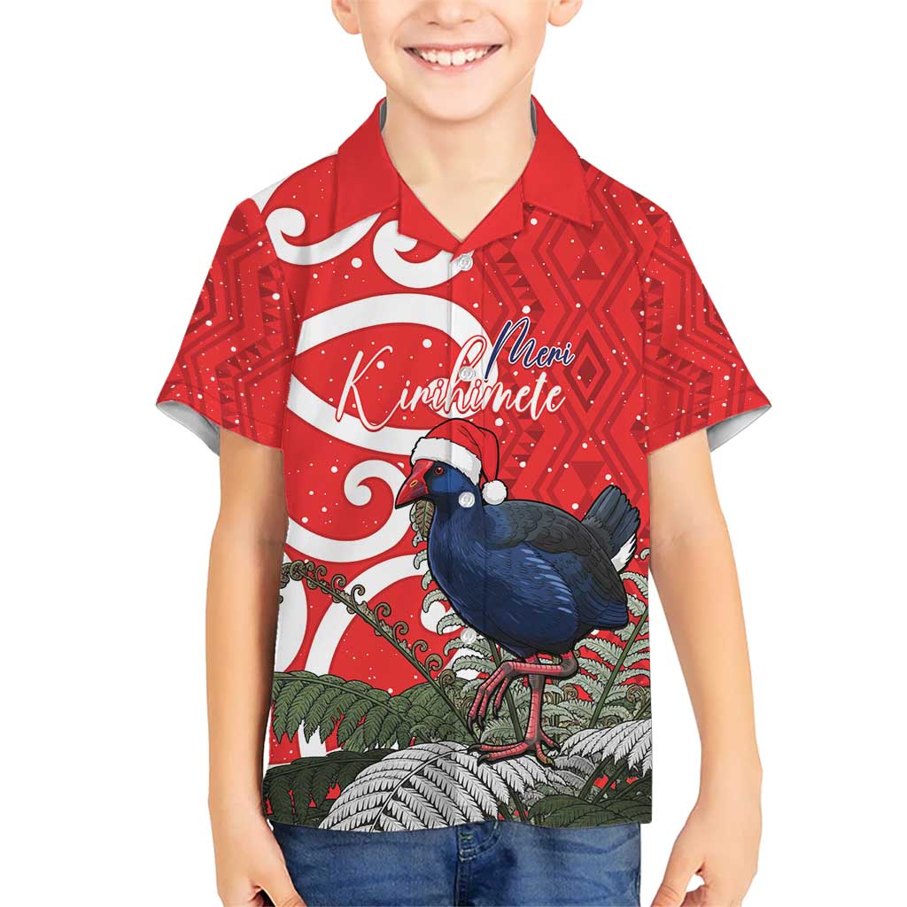Personalized New Zealand Pukeko Christmas Kid Hawaiian Shirt Meri Kirihimete Taniko Ponga Koru Red - Polynesian Pride