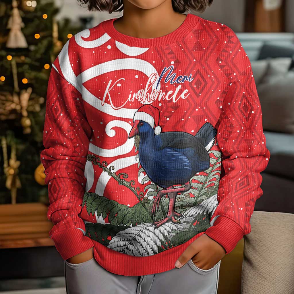 Personalized New Zealand Pukeko Christmas Kid Ugly Christmas Sweater Meri Kirihimete Taniko Ponga Koru Red - Polynesian Pride