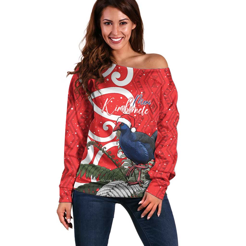 Personalized New Zealand Pukeko Christmas Off Shoulder Sweater Meri Kirihimete Taniko Ponga Koru Red - Polynesian Pride
