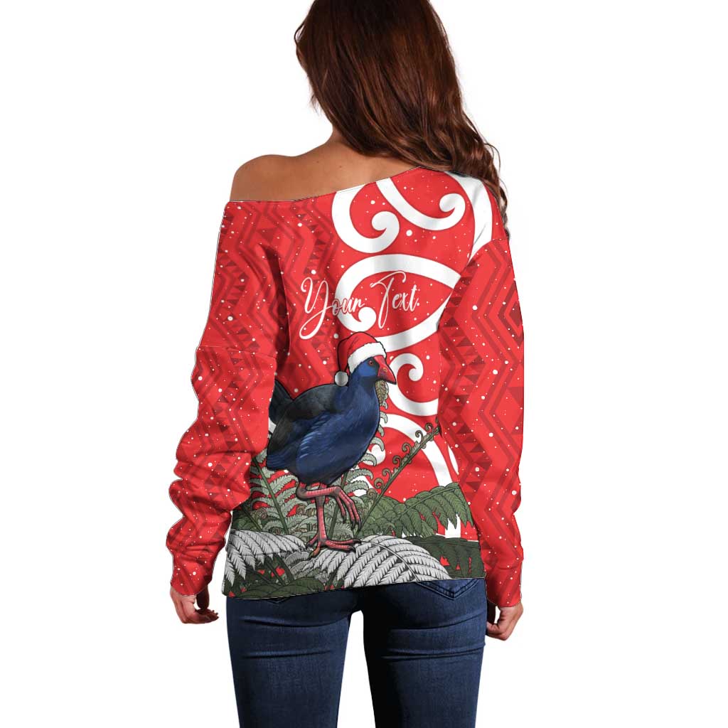 Personalized New Zealand Pukeko Christmas Off Shoulder Sweater Meri Kirihimete Taniko Ponga Koru Red - Polynesian Pride