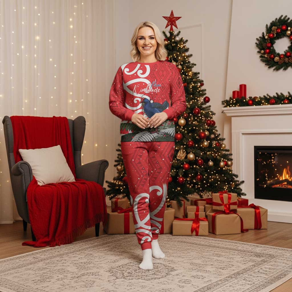 Personalized New Zealand Pukeko Christmas Pajama Set Meri Kirihimete Taniko Ponga Koru Red - Polynesian Pride