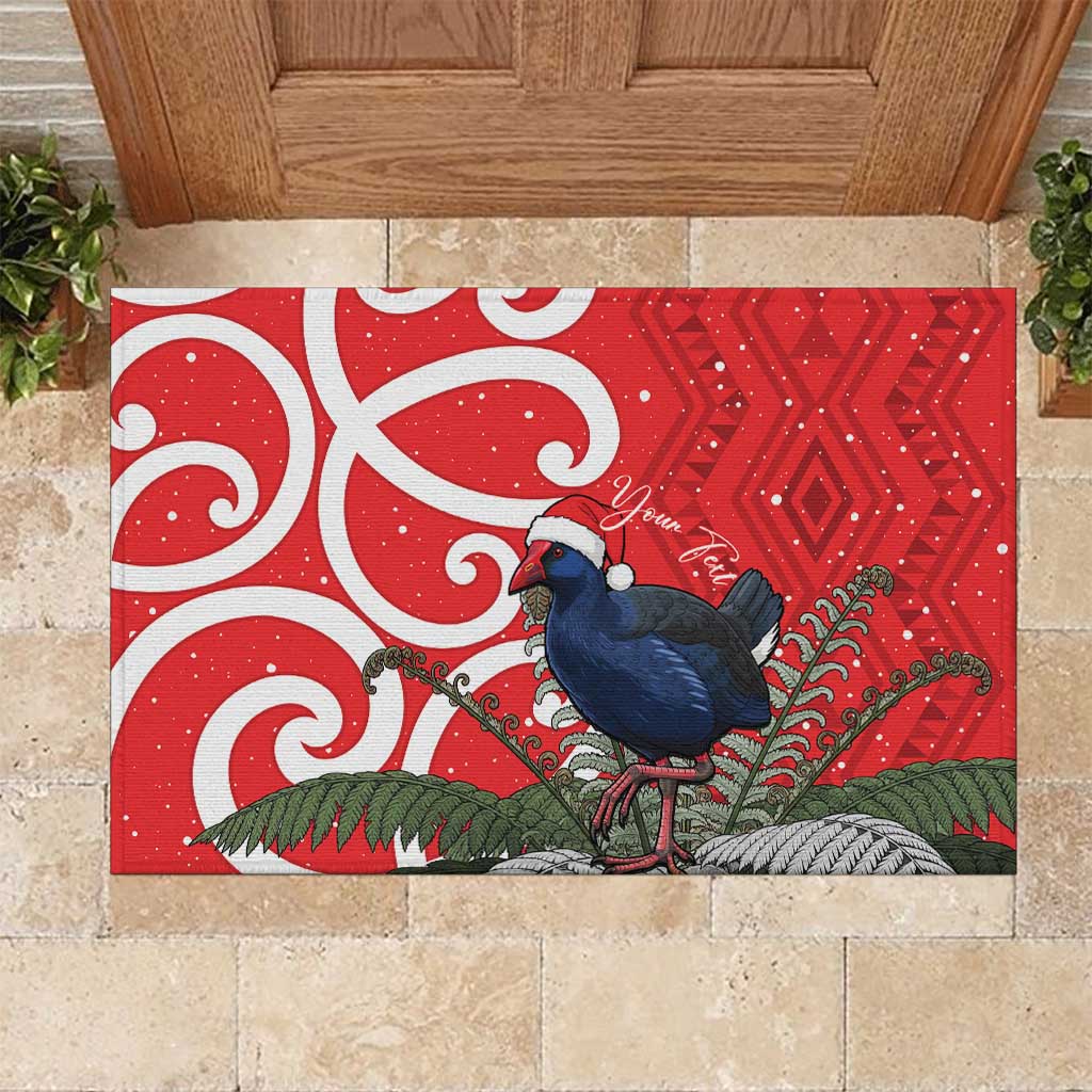 Personalized New Zealand Pukeko Christmas Rubber Doormat Meri Kirihimete Taniko Ponga Koru Red - Polynesian Pride