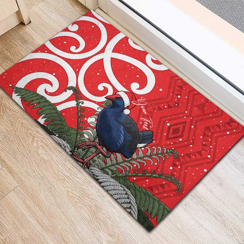 Personalized New Zealand Pukeko Christmas Rubber Doormat Meri Kirihimete Taniko Ponga Koru Red - Polynesian Pride