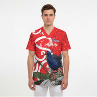 Personalized New Zealand Pukeko Christmas Scrub Top Meri Kirihimete Taniko Ponga Koru Red - Polynesian Pride