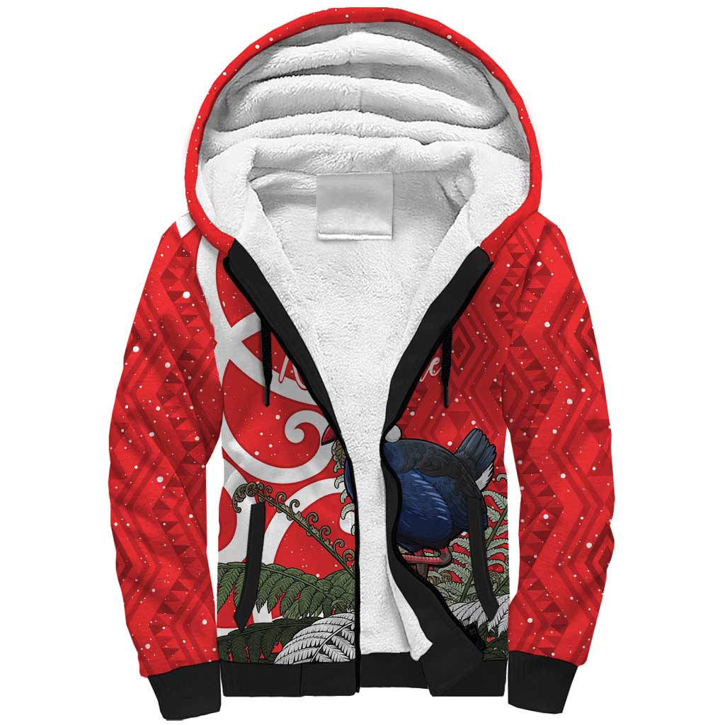 Personalized New Zealand Pukeko Christmas Sherpa Hoodie Meri Kirihimete Taniko Ponga Koru Red - Polynesian Pride