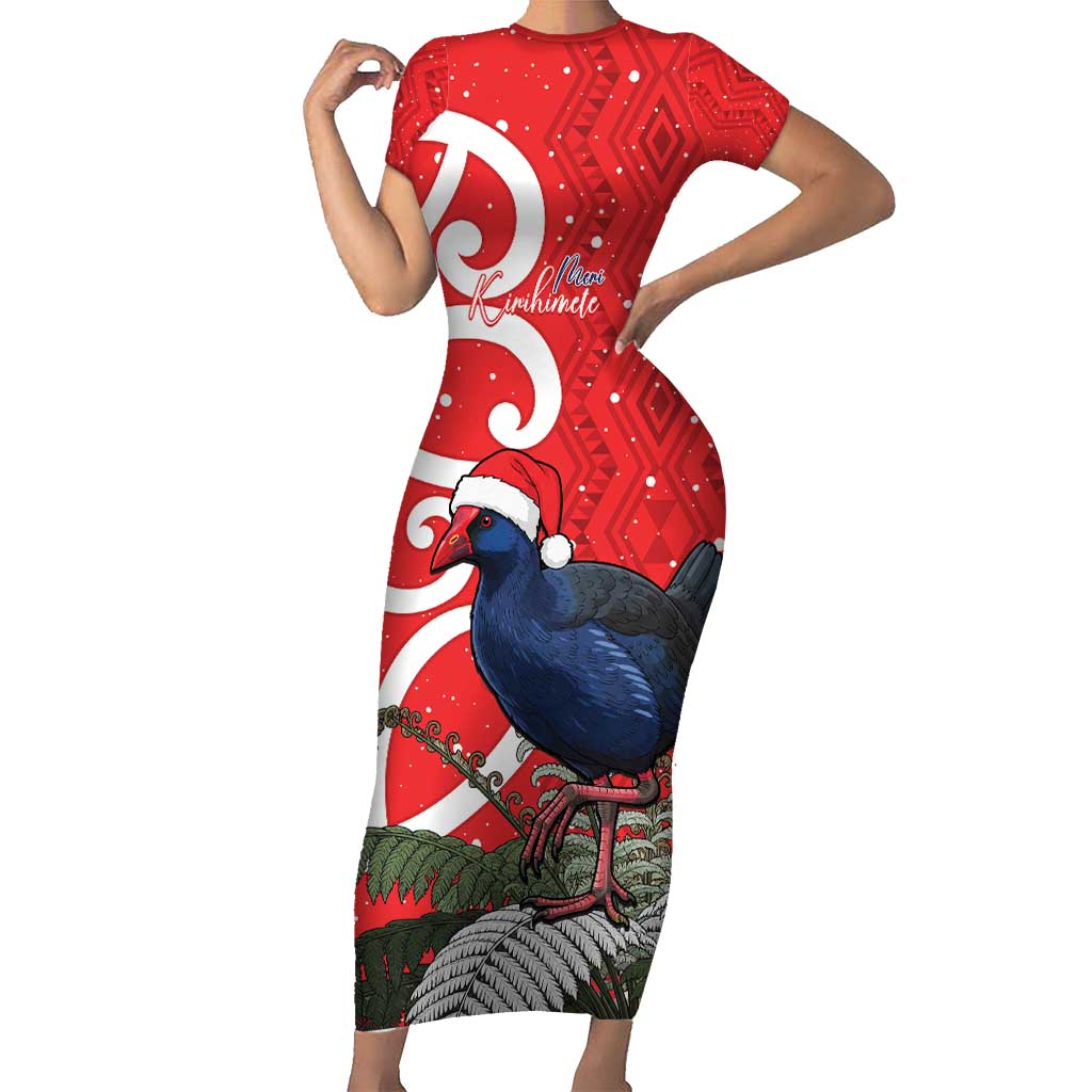 Personalized New Zealand Pukeko Christmas Short Sleeve Bodycon Dress Meri Kirihimete Taniko Ponga Koru Red - Polynesian Pride
