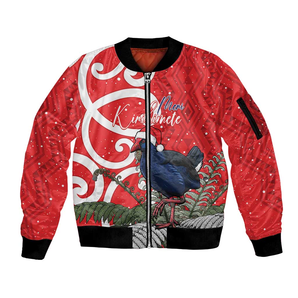 Personalized New Zealand Pukeko Christmas Sleeve Zip Bomber Jacket Meri Kirihimete Taniko Ponga Koru Red - Polynesian Pride