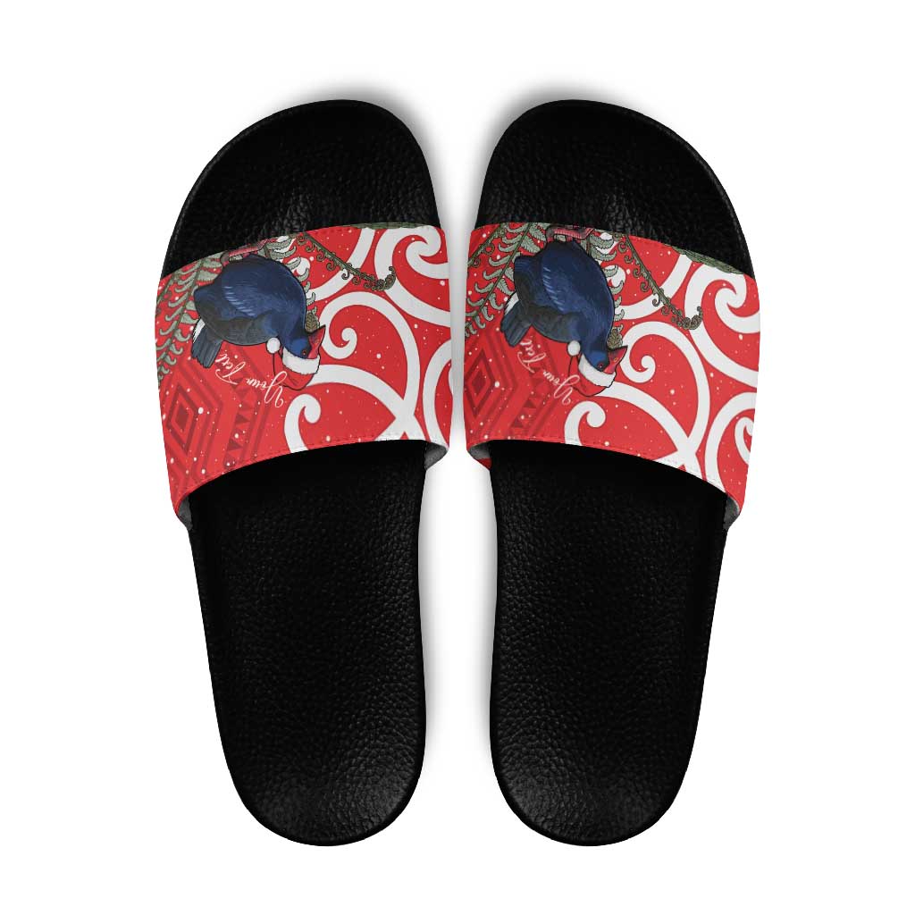 Personalized New Zealand Pukeko Christmas Slide Sandals Meri Kirihimete Taniko Ponga Koru Red - Polynesian Pride
