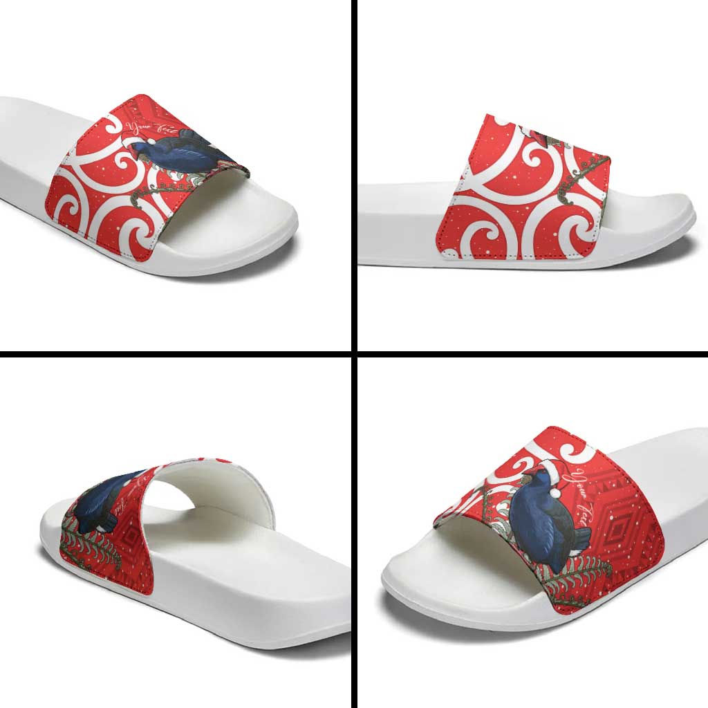 Personalized New Zealand Pukeko Christmas Slide Sandals Meri Kirihimete Taniko Ponga Koru Red - Polynesian Pride