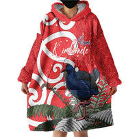 Personalized New Zealand Pukeko Christmas Wearable Blanket Hoodie Meri Kirihimete Taniko Ponga Koru Red - Polynesian Pride