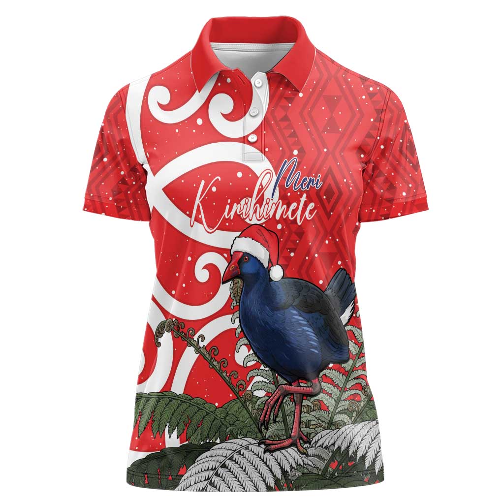 Personalized New Zealand Pukeko Christmas Women Polo Shirt Meri Kirihimete Taniko Ponga Koru Red - Polynesian Pride