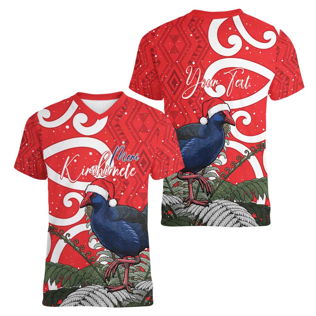 Personalized New Zealand Pukeko Christmas Women V-Neck T-Shirt Meri Kirihimete Taniko Ponga Koru Red - Polynesian Pride