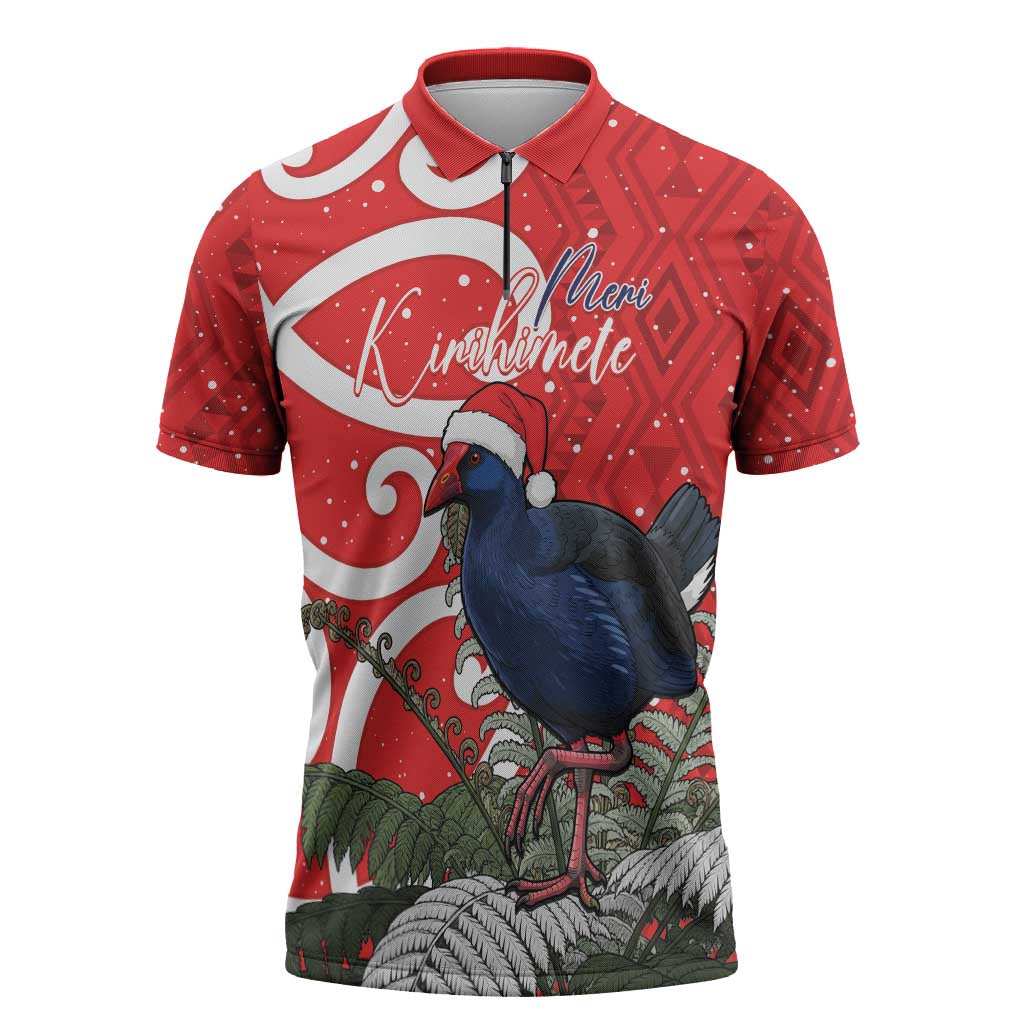 Personalized New Zealand Pukeko Christmas Zipper Polo Shirt Meri Kirihimete Taniko Ponga Koru Red - Polynesian Pride